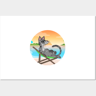 Cat Chilling At Beach With Sunset Comic Style Posters and Art